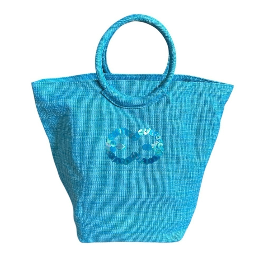 Escada Island Kiss Beach Tote Bag Turquoise Blue Canvas Sequin Circle Top Handle